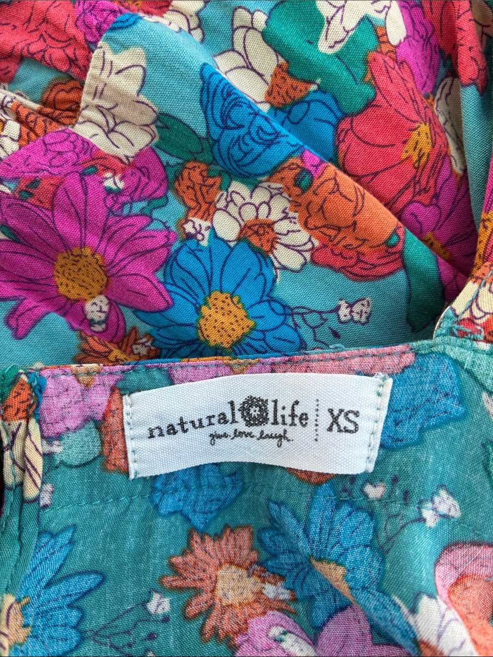 NATURAL LIFE Teal Floral Dress with Pink & Blue Blooms Sz Extra Small - Picture 10 of 10